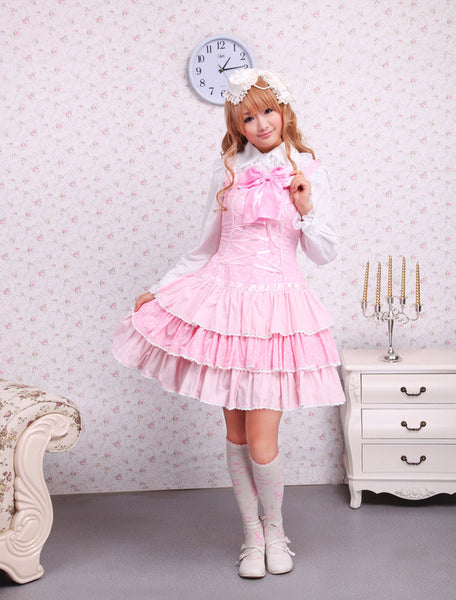 Cotton Pink Lace Front Ties Bow Sweet Lolita Dress