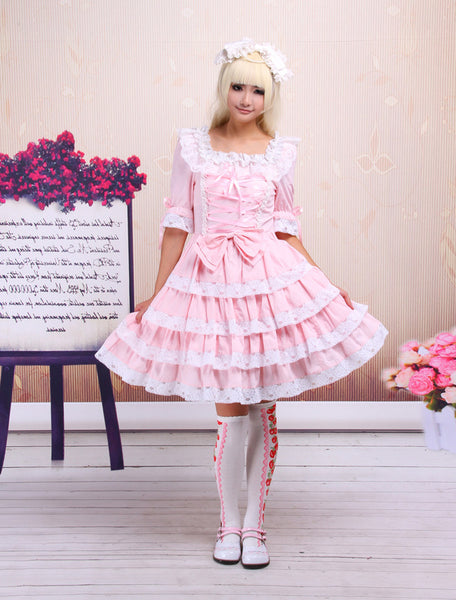 Sweet Pink Lolita OP Dress Middle Sleeves with Lace Trim