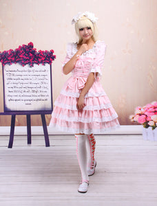 Sweet Pink Lolita OP Dress Middle Sleeves with Lace Trim