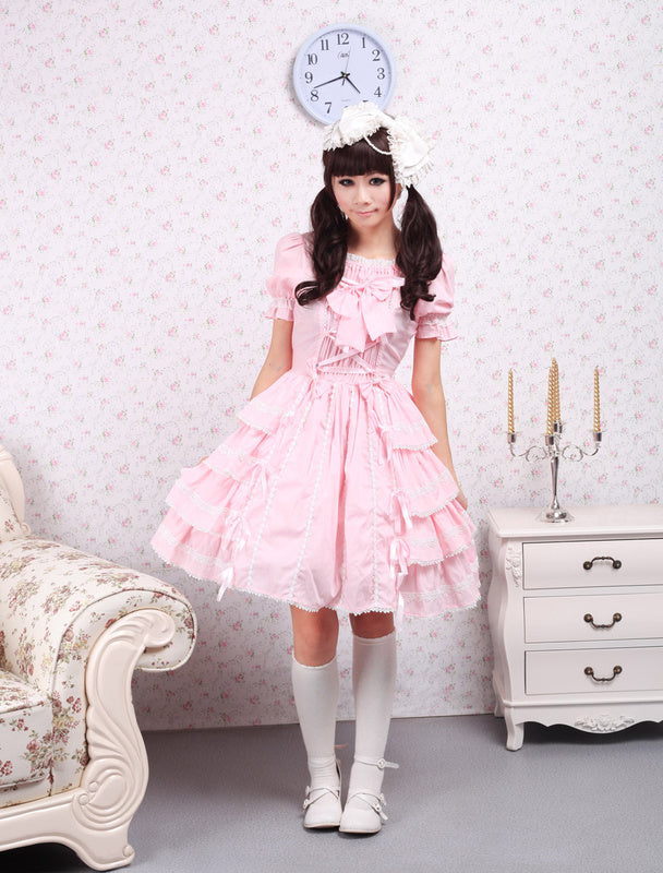 Sweet Pink kawaiii Lolita OP Dress Short Sleeves Ruffles Design