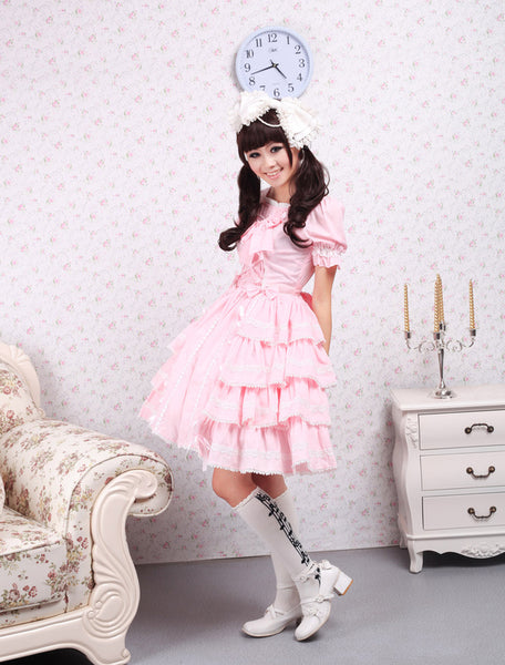 Sweet Pink Lolita OP Dress Short Sleeves Ruffles Design