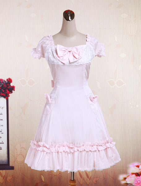 Cotton Pink Lace Short Sleeves Cosplay Lolita Dress