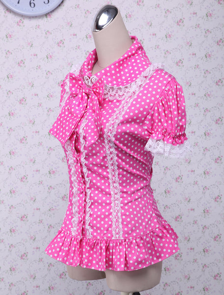 Pink Lolita Blouse White Dots Short Sleeves Lace Trim Bow