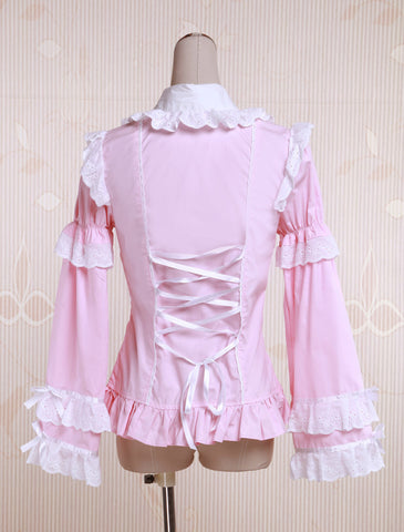Pink Cotton Lolita Blouse Long Sleeves White Ruffles Trim Bow