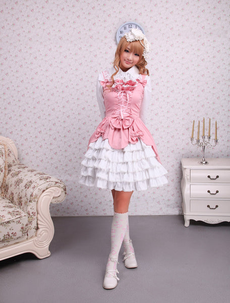 Sweet Pink White Cotton Lolita Jumper Skirt Lace Up Layered Ruffles Bows