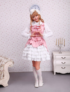 Sweet Pink White Cotton Lolita Jumper Skirt Lace Up Layered Ruffles Bows