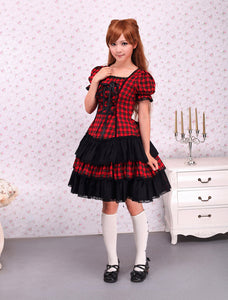 Cotton Red Black Gingham Loltia OP Dress Short Sleeves Lace Up