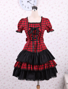 Cotton Red Black Gingham Loltia OP Dress Short Sleeves Lace Up
