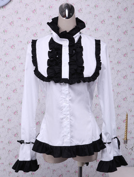 White Cotton Lolita Blouse Long Sleeves Black Ruffles Stand Collar