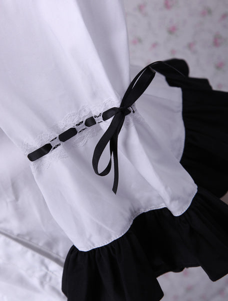 White Cotton Lolita Blouse Long Sleeves Black Ruffles Stand Collar