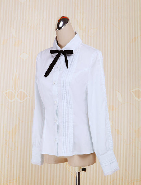 White Cotton Lolita Blouse Long Sleeves Turn-down Collar Bow