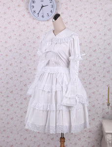 Pure White Lolita One-piece Dress Long Sleeves Layered Lace Trim