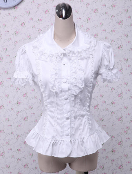 Sweet White Cotton Lolita Blouse Short Sleeves Layered Lace Trim Turn-down Collar