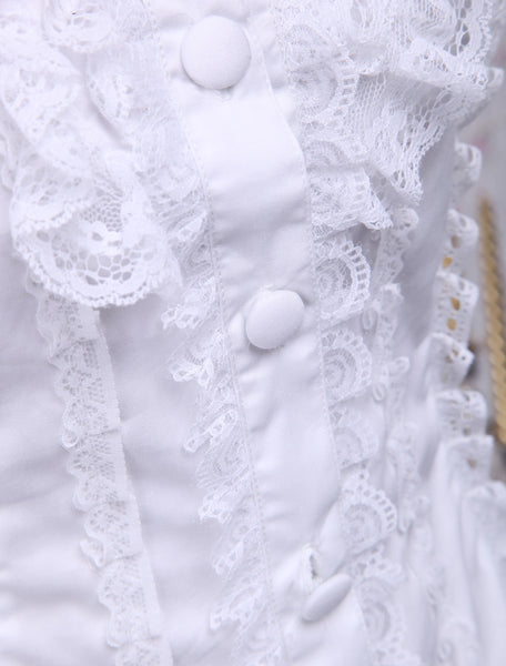 Sweet White Cotton Lolita Blouse Short Sleeves Layered Lace Trim Turn-down Collar
