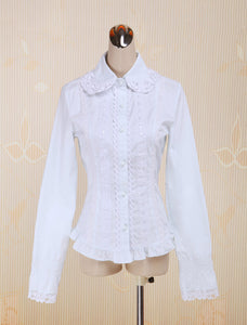 White Cotton Lolita Blouse Long Sleeves Lace Trim Turn-down Collar