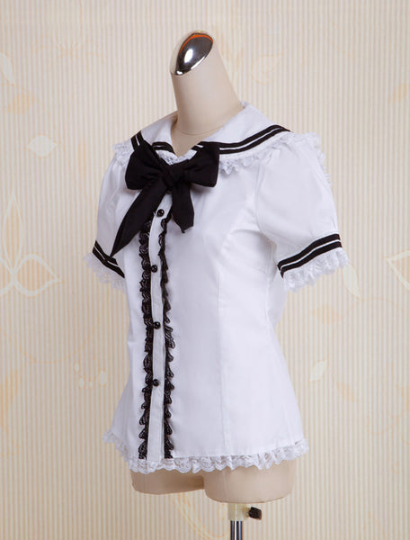 White Cotton Lolita Blouse Short Sleeves Sailor Style Lace Trim Bow