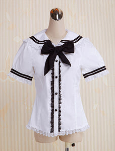 White Cotton Lolita Blouse Short Sleeves Sailor Style Lace Trim Bow