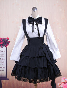 Cotton White Long Sleeves Blouse And Black Ruffles Lolita Skirt Outfit