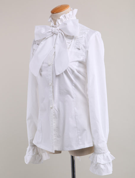 Sweet Lolita Blouse Long Sleeves White Cotton Stand Collar Bow Ruffles