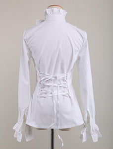 Sweet Lolita Blouse Long Sleeves White Cotton Stand Collar Bow Ruffles