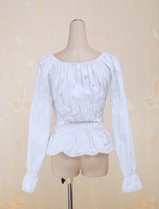 White Cotton Lolita Blouse Long Sleeves Shirring Bow Round Neck