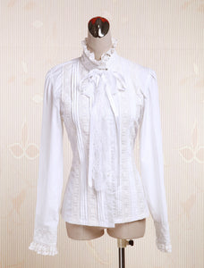 White Cotton Lolita Blouse Long Sleeves Stand Collar Lace Trim Lace Up