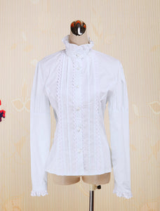 White Cotton Lolita Blouse Long Sleeves Stand Collar Lace Trim Ruffles