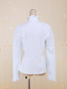 White Cotton Lolita Blouse Long Sleeves Stand Collar Lace Trim Ruffles