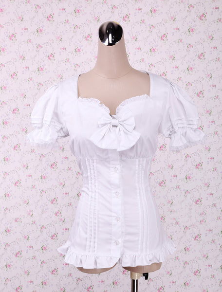 Sweet White Lolita Blouse Short Sleeves Lace Trim Bow Ruffles Sexy Blouse