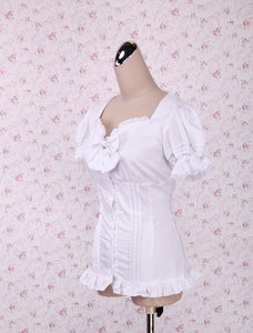 Sweet White Lolita Blouse Short Sleeves Lace Trim Bow Ruffles Sexy Blouse