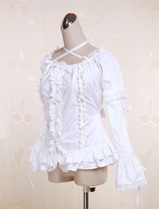 White Cotton Lolita Blouse Long Hime Sleeves Neck Straps Lace Trim Ruffles