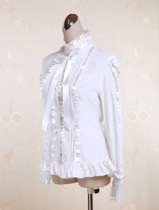White Cotton Lolita Blouse Long Sleeves Stand Colalr Lace Bow Layered Ruffles