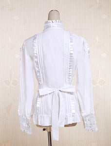 White Cotton Lolita Blouse Long Sleeves Stand Colalr Lace Bow Layered Ruffles