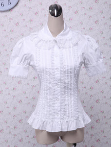 White Cotton Lolita Blouse Short Sleeves Layered Lace Trim Ruffles