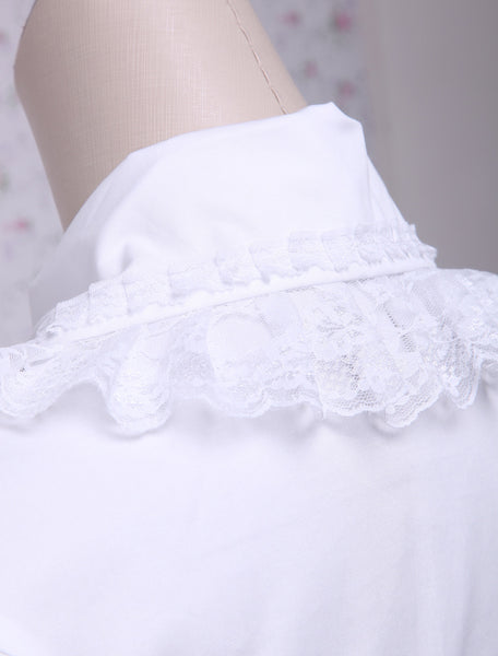 White Cotton Lolita Blouse Short Sleeves Layered Lace Trim Ruffles