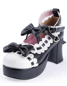 Black White Lolita Chunky Heels Shoes Platform White Trim Bows Ankle Strap