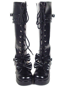 Sweet Lolita Boots Chunky Heels Platform Bows Lace Up Lolita Boots