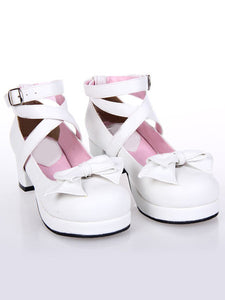 Sweet Square Heels Shoes Ankle Straps Bow Buckle