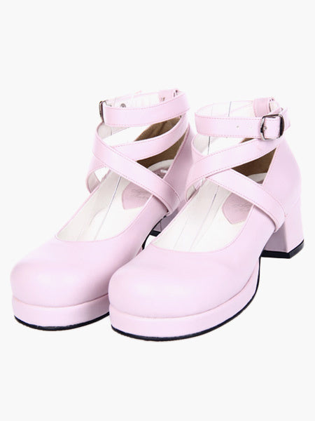 Sweet Square Heels Shoes Ankle Straps Bow Buckle