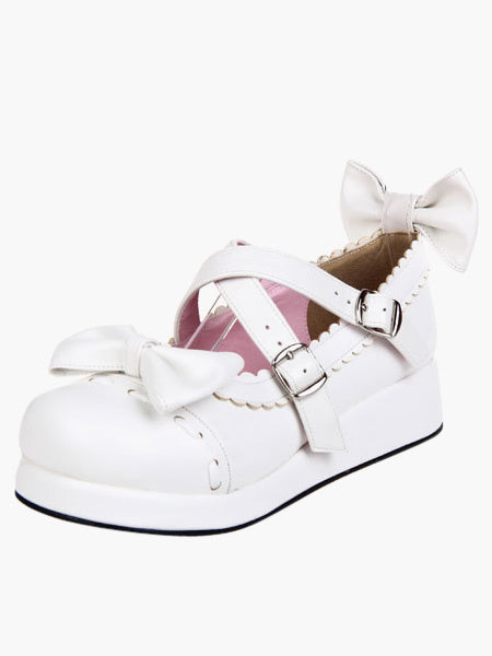 Sweet White Lolita Flats Shoes Platform Bow Decor with Trim
