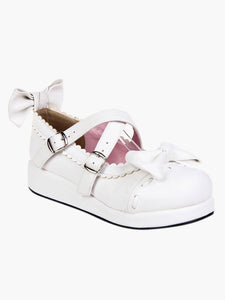Sweet White Lolita Flats Shoes Platform Bow Decor with Trim