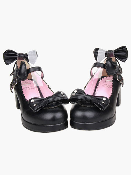 White Lolita Heels Bow Scalloped Buckle PU Lolita Shoes