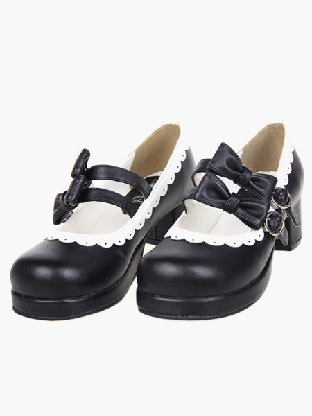 Sweet Lolita Chunky Square Heels Shoes Bows Trim Round Toe