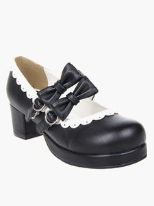 Sweet Lolita Chunky Square Heels Shoes Bows Trim Round Toe