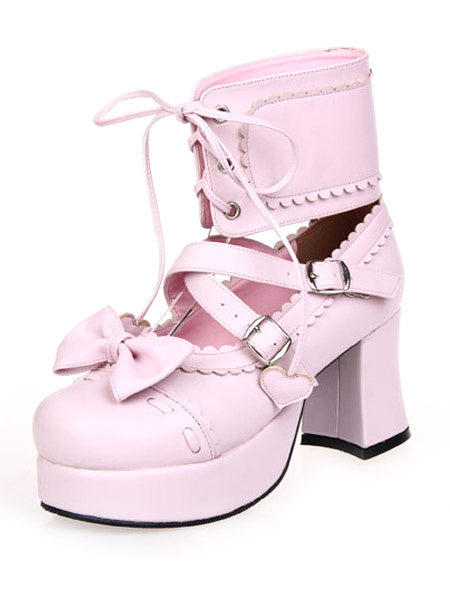 Lace-Up Bow Pink PU Leather Platform Round Toe Lolita Shoes