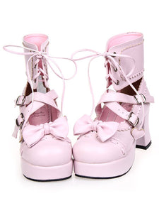Lace-Up Bow Pink PU Leather Platform Round Toe Lolita Shoes 