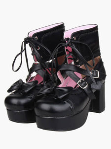 Lace-Up Bow Pink PU Leather Platform Round Toe Lolita Shoes