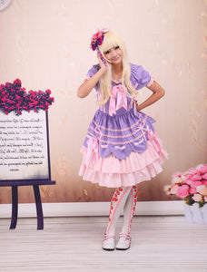 Sweet Purple Pink Lolita OP Dress Short Sleeves Layers Bows and Trim