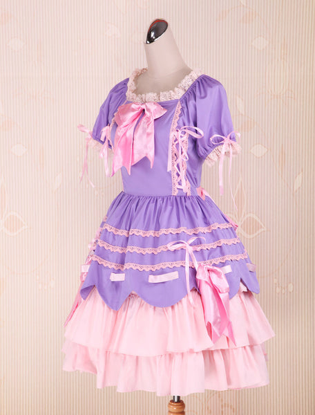 Sweet Purple Pink Lolita OP Dress Short Sleeves Layers Bows and Trim