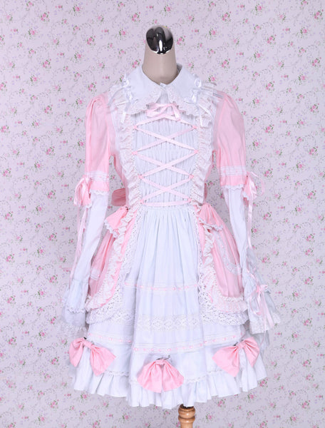 Pink And White Turndown Collar Front Tie Cotton Sweet Lolita Dress
